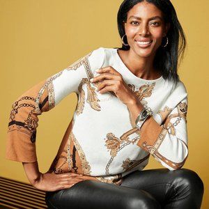 CHICO'S FABULOUS JACQUARD BATEAU-NECK SWEATER. NWT